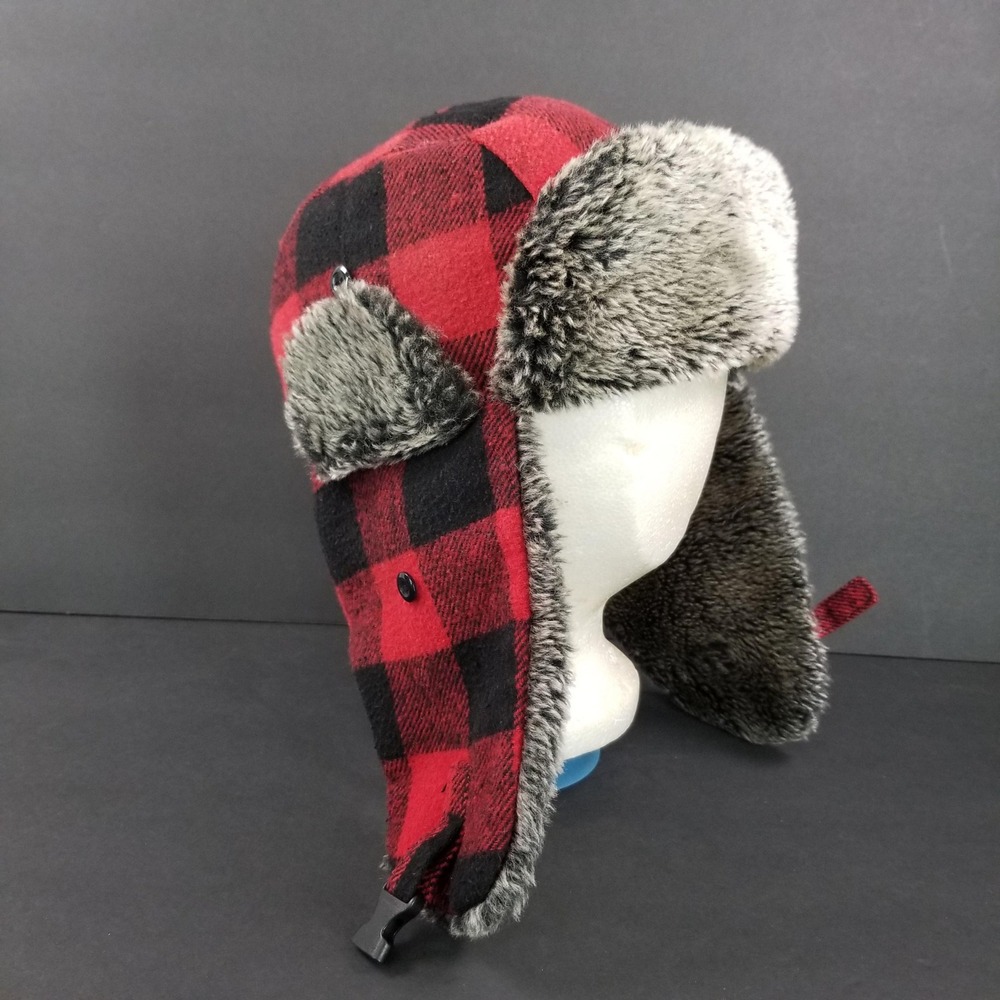 Unisex Buffalo Plaid Trapper Hat Red Black Faux Fur Ear Flap Winter Cap Large